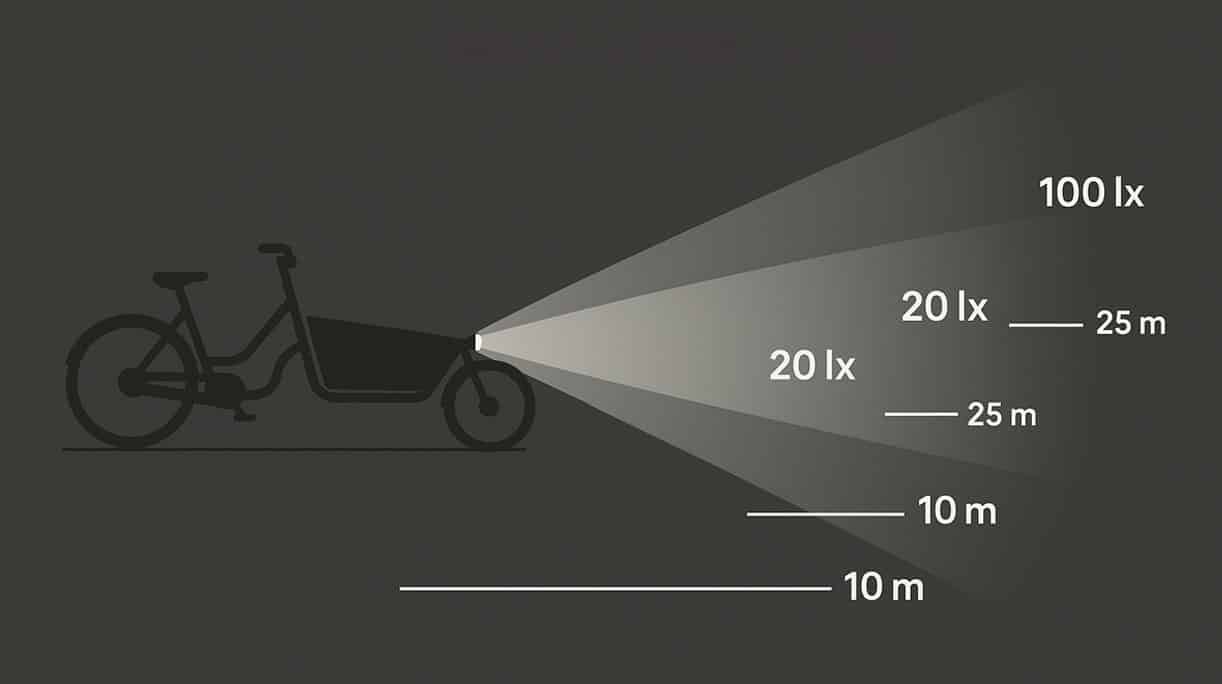 una referencia general para estimar la distancia de iluminación (照射距离) en función de LUX para luces de bicicleta en condiciones de haz típicas (haz enfocado de aproximadamente 10 a 15°)