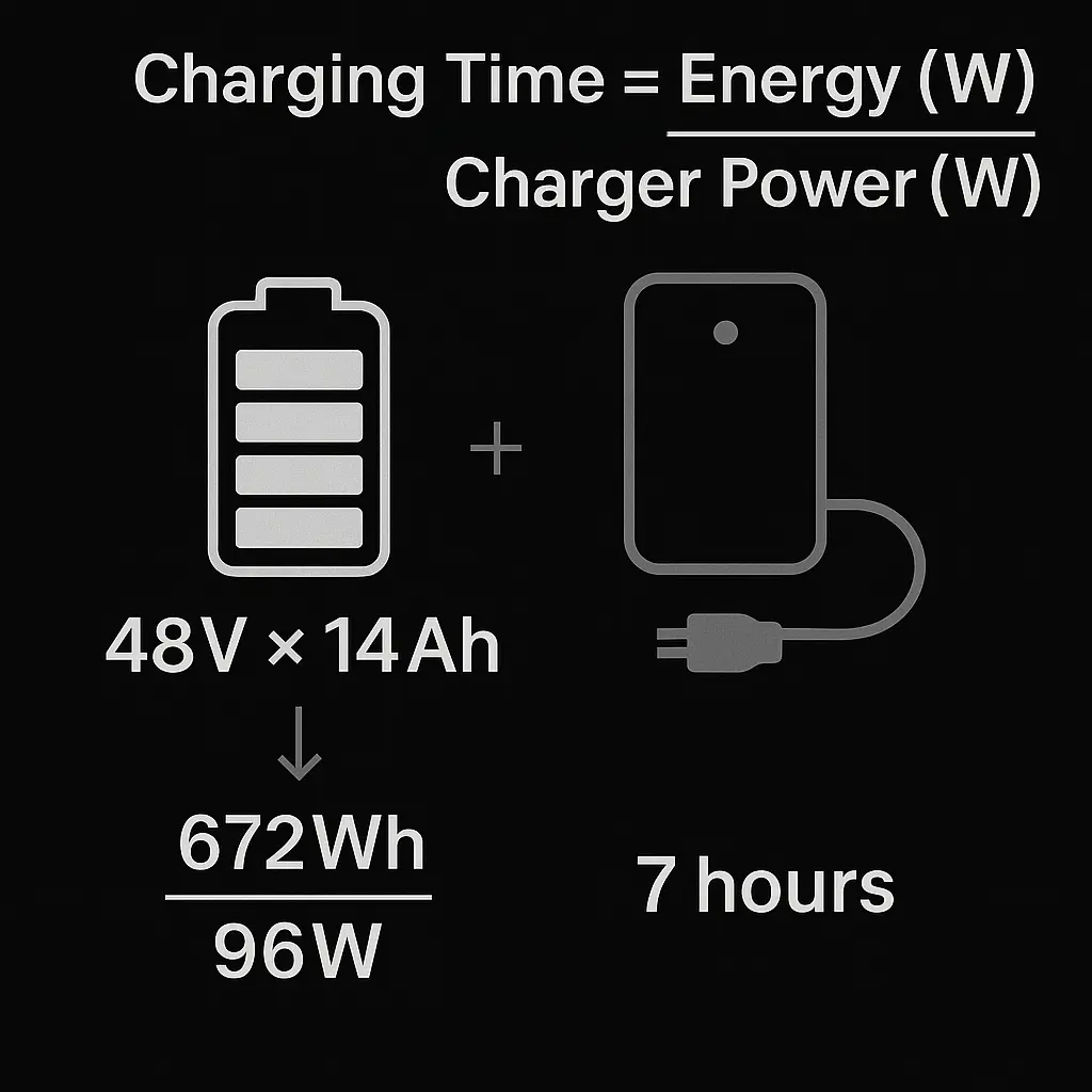 Formelfeld: „Ladezeit = Energie (Wh) / Ladeleistung (W)“