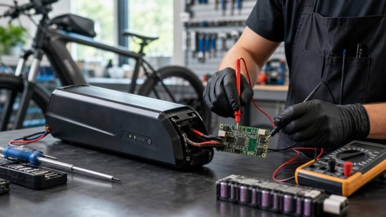 Technician inspecting an e-bike battery management system board beside an electric bike battery pack