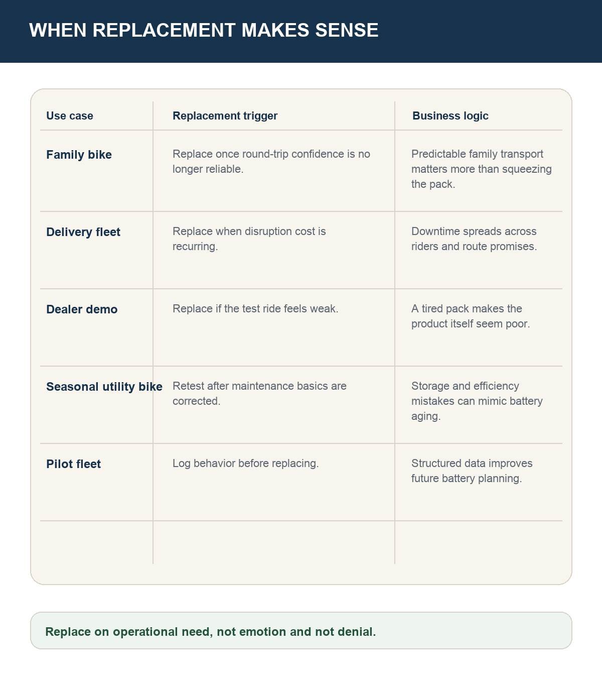 Decision matrix comparing battery replacement logic for family cargo bikes, delivery fleets, dealer demos, and pilot fleets