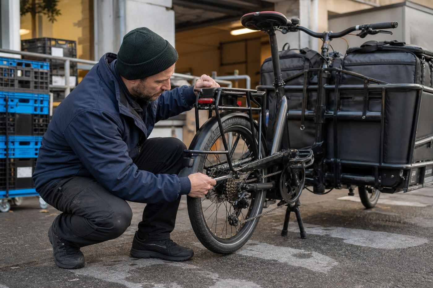 Fleet technician checking chain tension and drivetrain wear on a loaded electric cargo bike before a delivery run