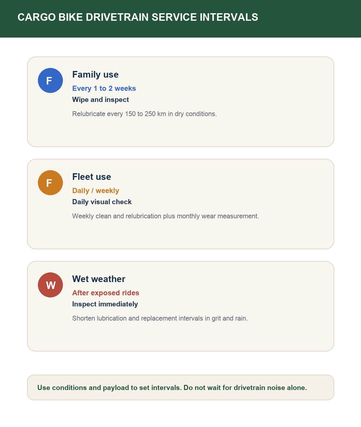 Maintenance schedule chart for cargo bike drivetrain care across family, fleet, and wet-weather use