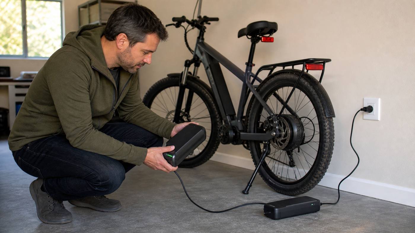 Rider charging a removable e-bike battery safely indoors on a hard surface