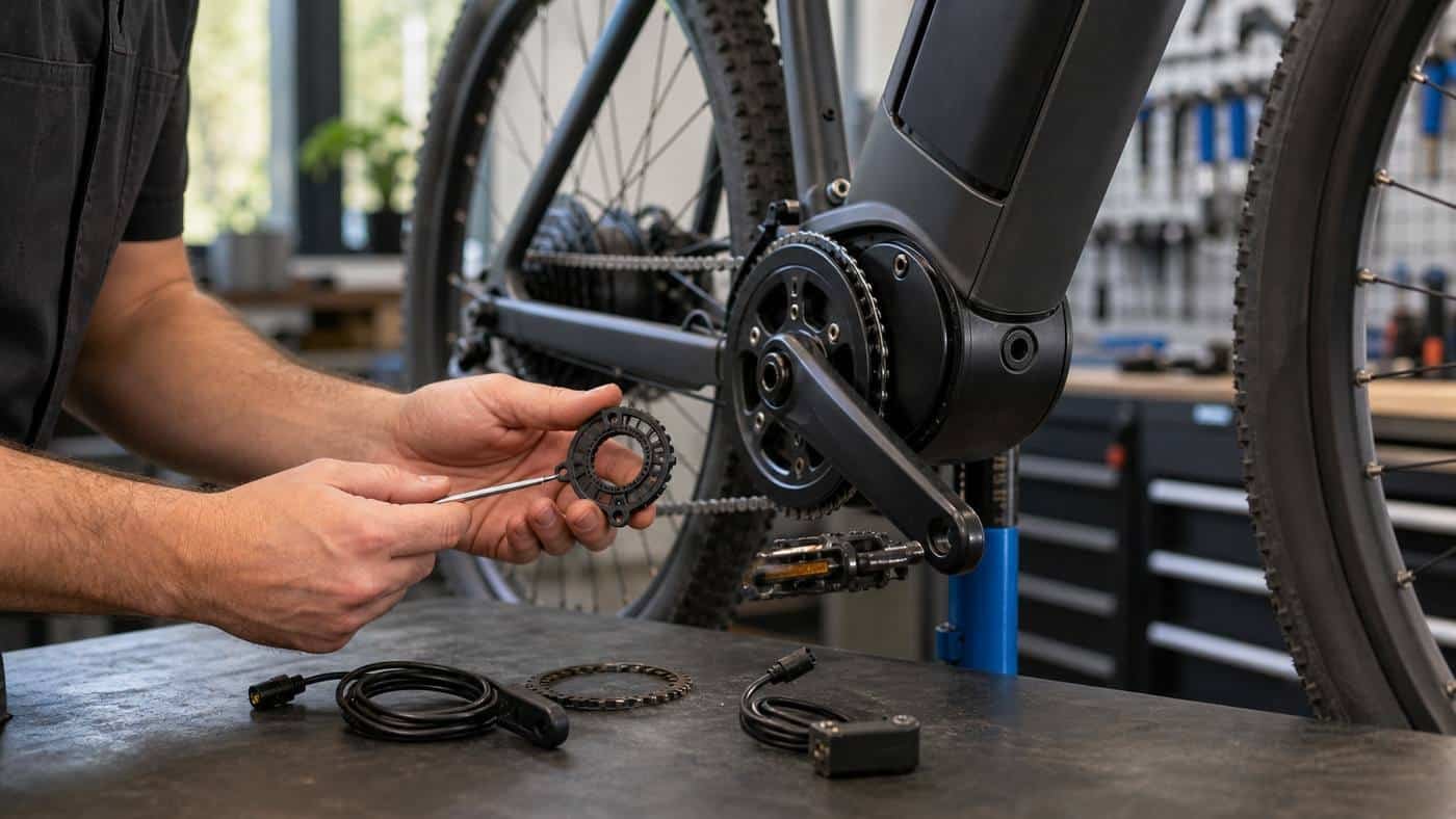 E-bike crank and pedal assist sensor area being inspected in a bicycle workshop