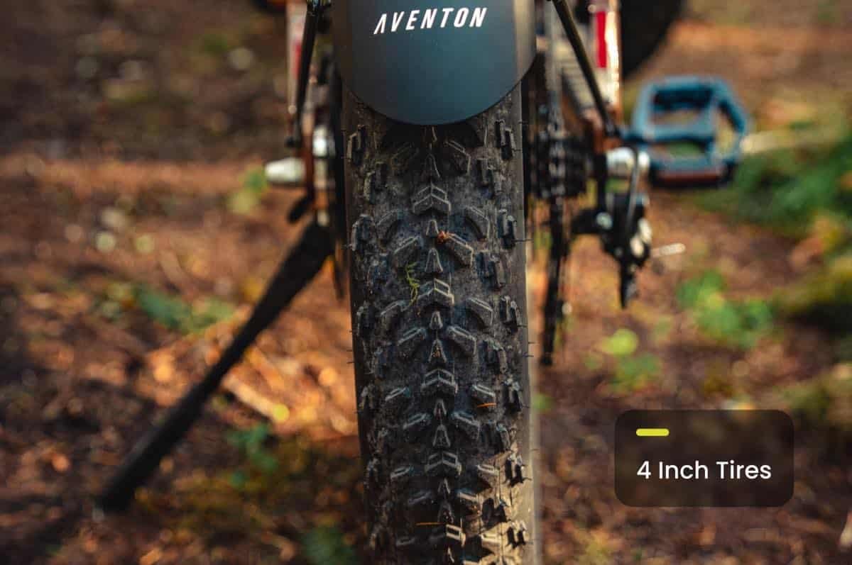Close-up of the Aventon Aventure 3 4-inch fat tires in official product gallery imagery