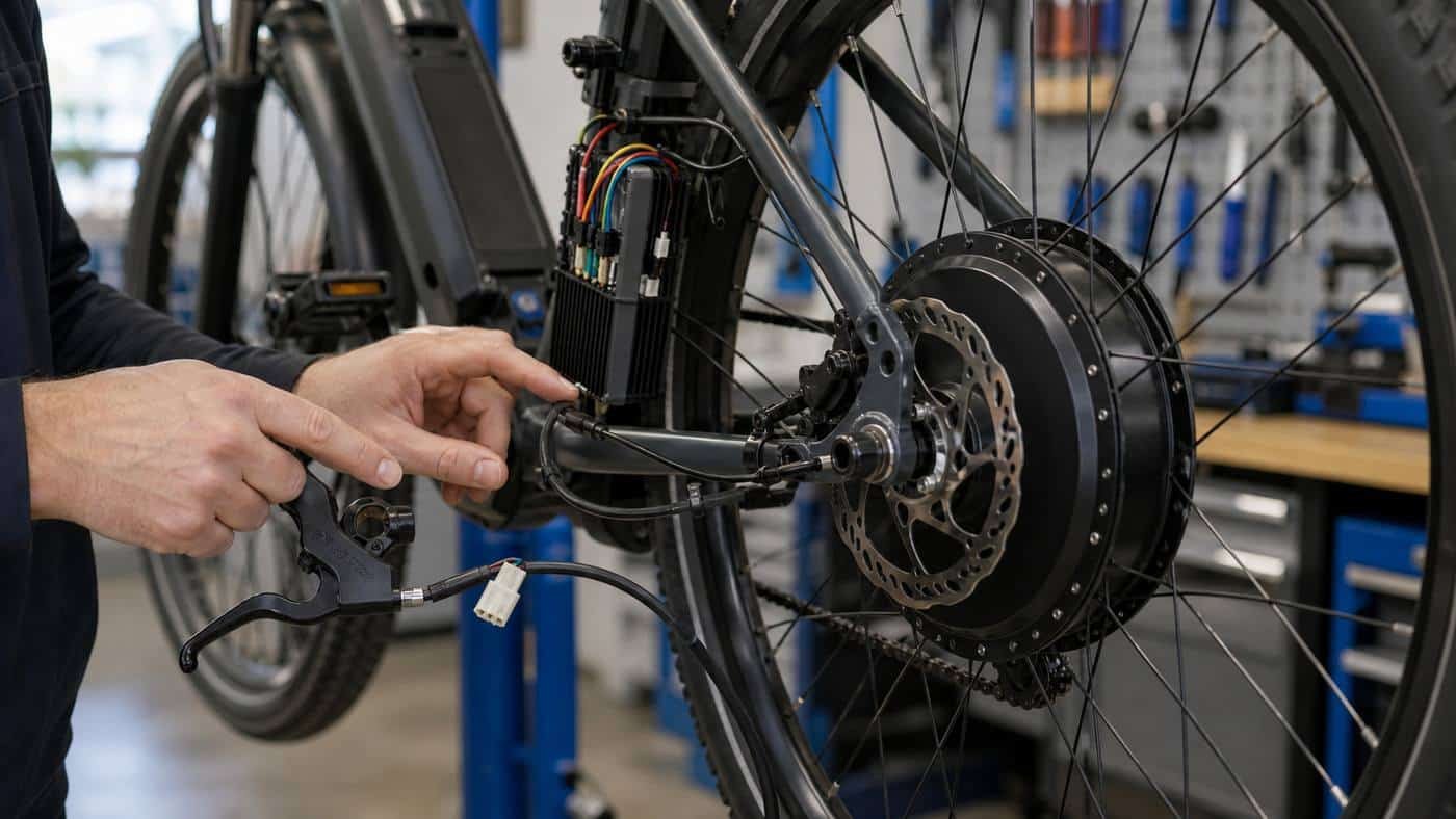 Rear hub motor e-bike wheel being inspected in a workshop for regenerative braking hardware