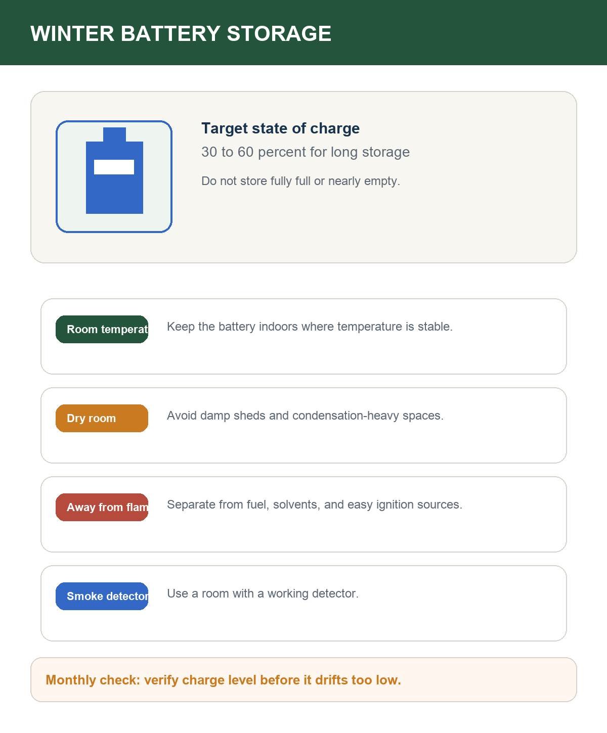 Winter battery storage guide showing 30 to 60 percent charge, room temperature, dry room, and smoke detector reminders