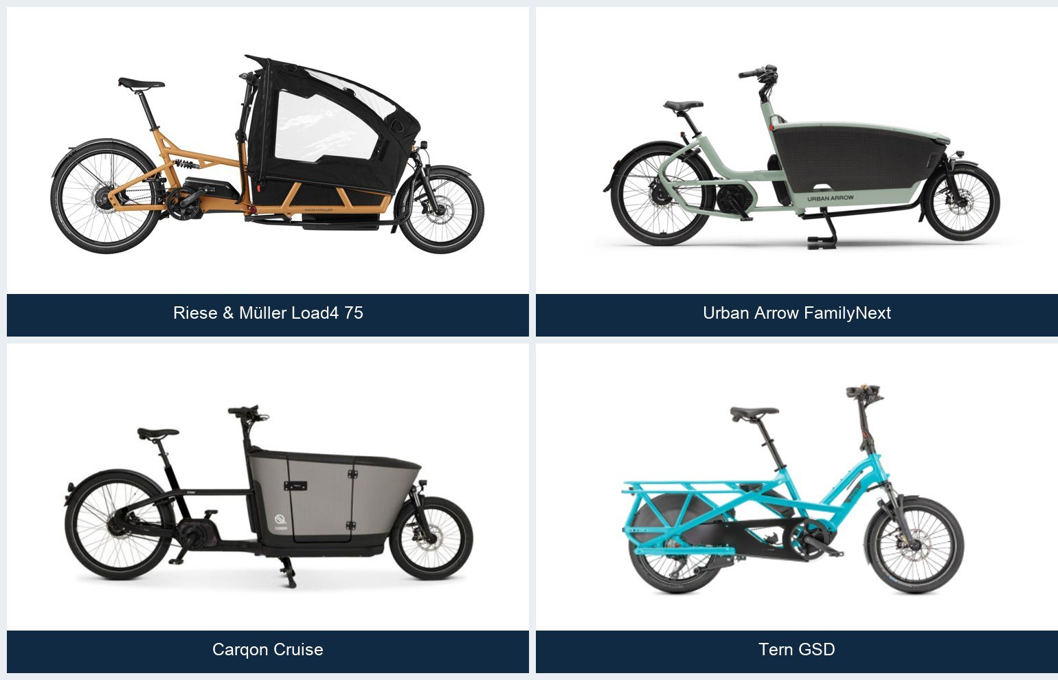 Comparison of Riese and Müller Load4 75, Urban Arrow FamilyNext, Carqon Cruise and Tern GSD
