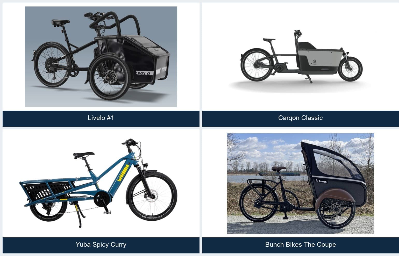 Comparison of Livelo 1, Carqon Classic, Yuba Spicy Curry and Bunch Bikes The Coupe