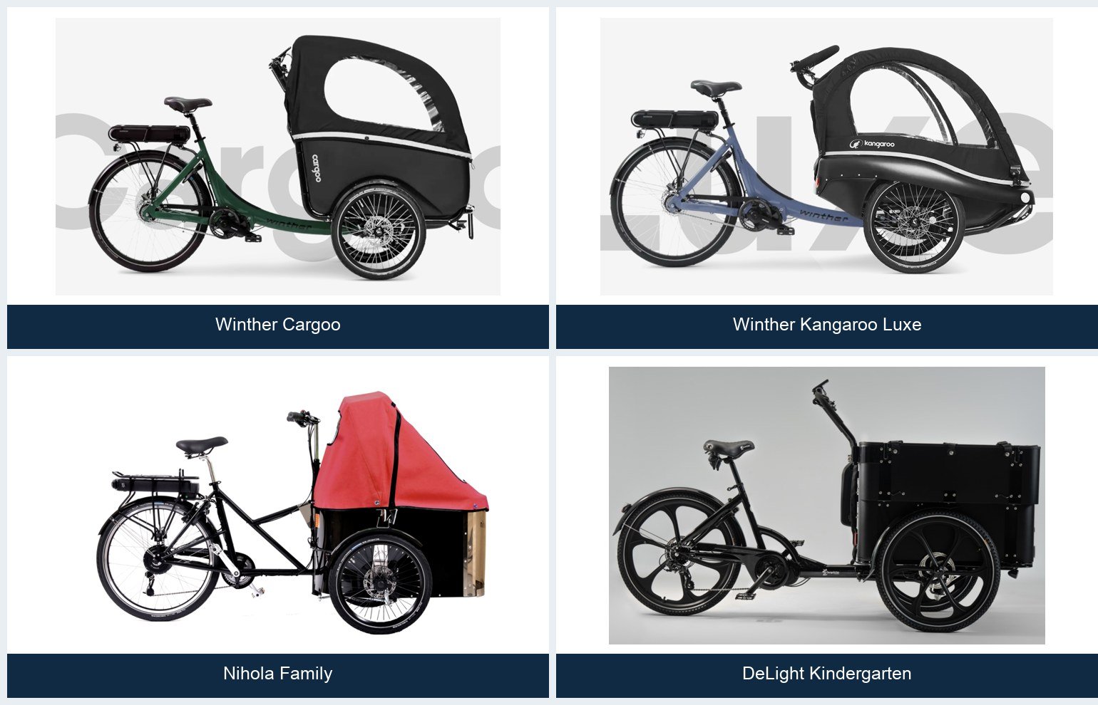 Child-carrying cargo bike comparison including Winther Cargoo, Kangaroo Luxe, Nihola Family and DeLight Kindergarten