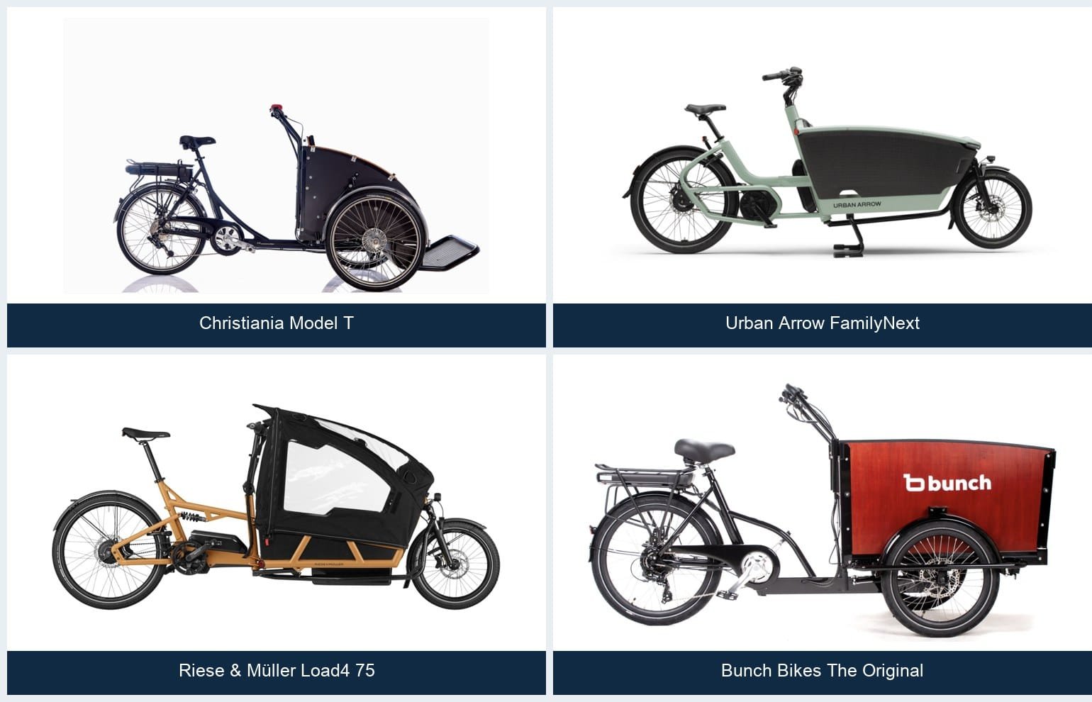 Child-carrying cargo bike comparison including Christiania Model T, Urban Arrow FamilyNext, Load4 75 and Bunch Bikes The Original