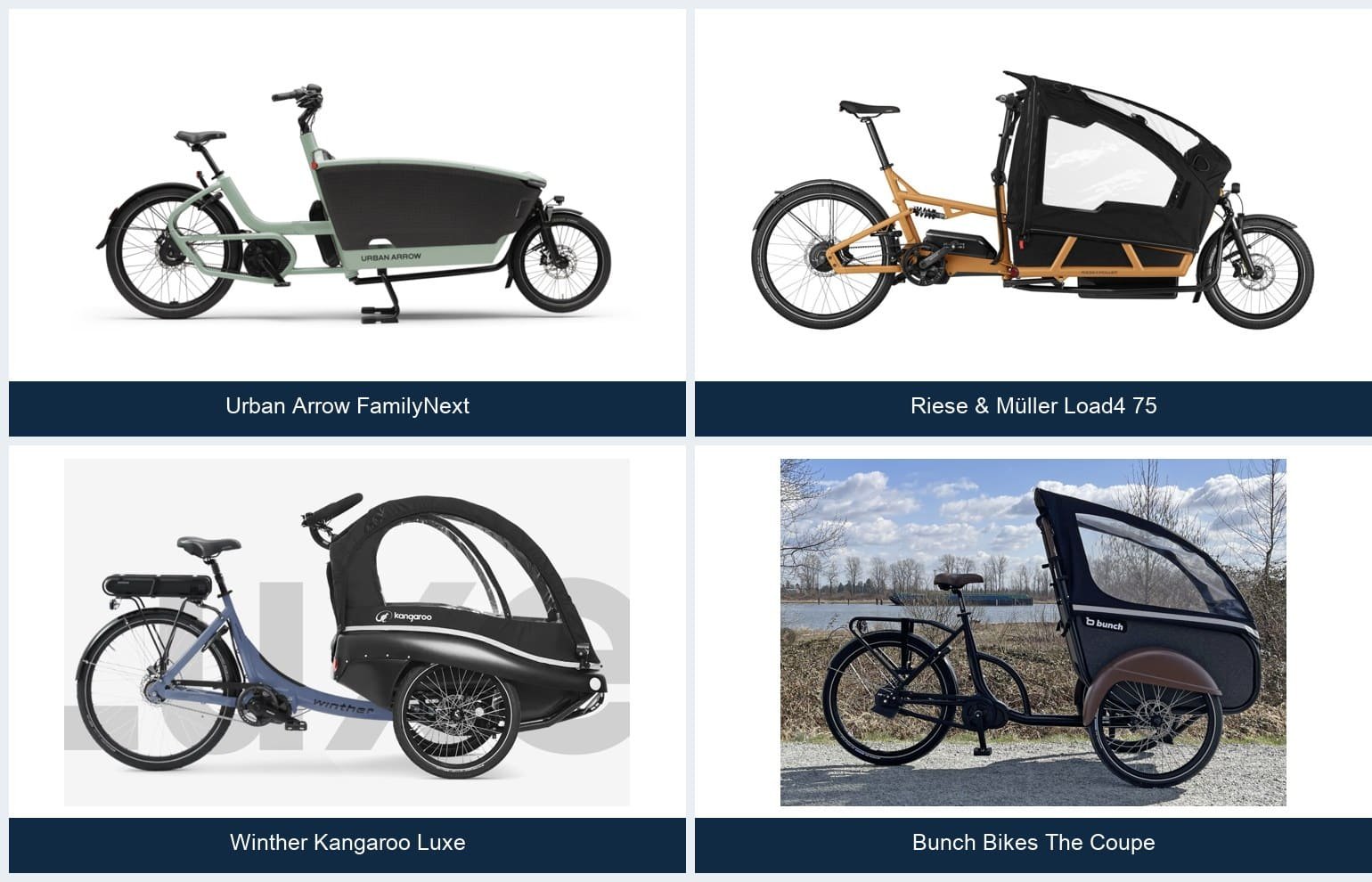 Family cargo bike comparison including Urban Arrow FamilyNext, Load4 75, Kangaroo Luxe and Bunch Bikes The Coupe