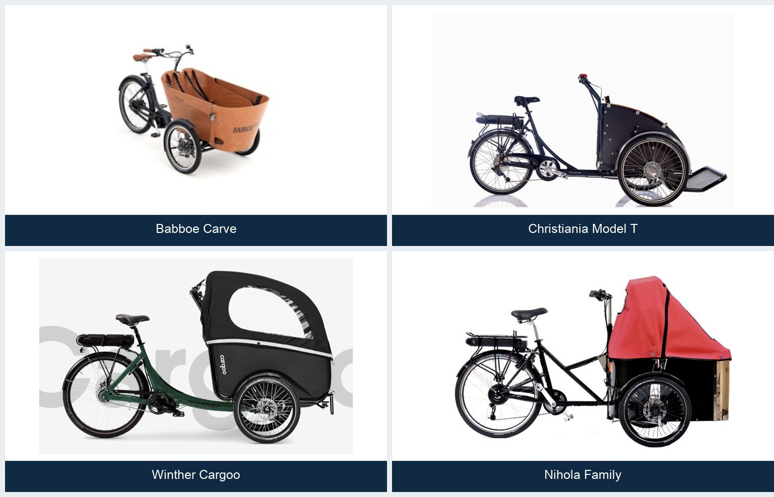 Three-wheel cargo bike comparison including Babboe Carve, Christiania Model T, Winther Cargoo and Nihola Family