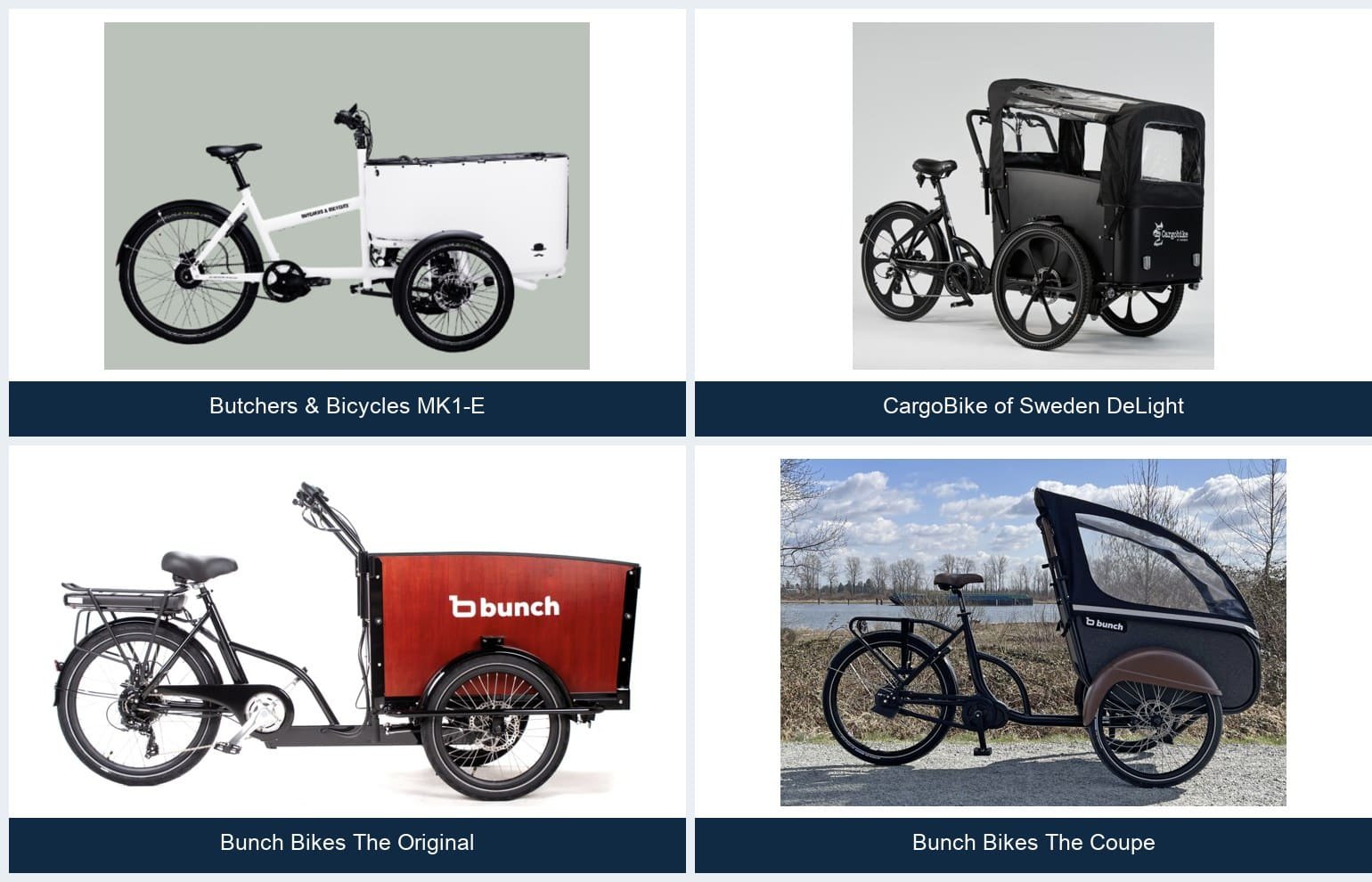 Three-wheel cargo bike comparison including MK1-E, DeLight, Bunch Bikes The Original and The Coupe