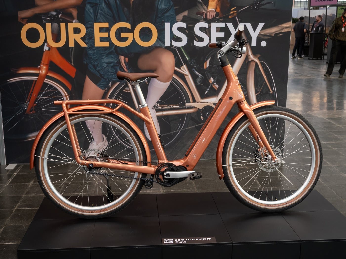 A pedelec city bicycle displayed at a European trade show