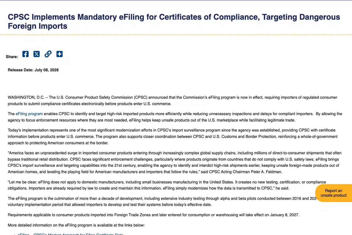 Official CPSC eFiling announcement dated July 8 2026