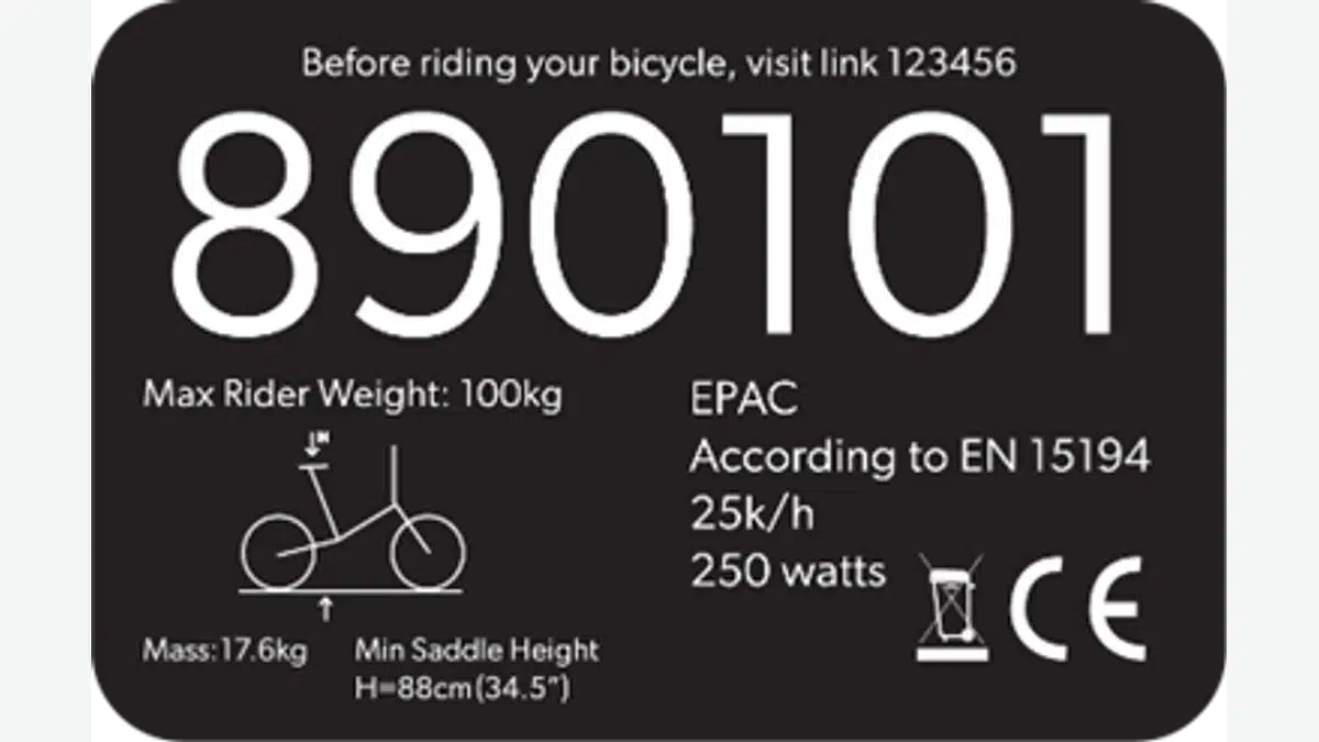 Queensland example e-bike compliance sticker showing EN 15194, 25 km/h and 250 W