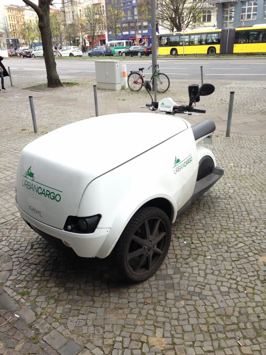 An electric cargo trike, showing a three-wheel configuration